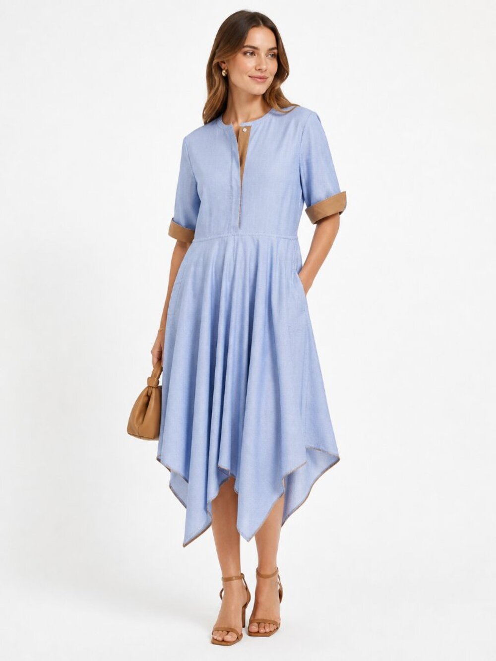 Light Blue Handkerchief Hem Dress with Contrast Trim
